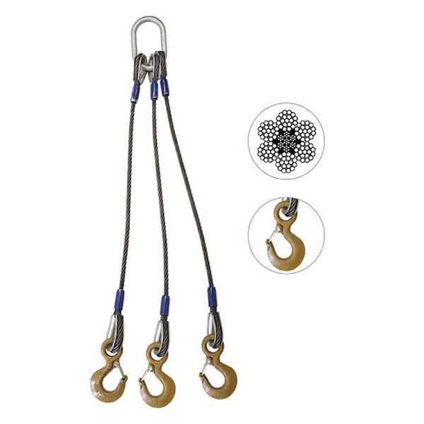 Wire Rope Sling - 3 Leg Bridle w/ Eye Hooks - 5/8" x 20' - Domestic